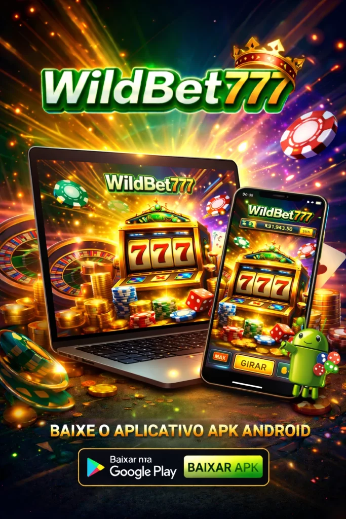 “Aplicativo WildBet777 Casino APK para Android exibido em notebook e smartphone com jogo de slot 777, fichas de cassino e interface móvel”