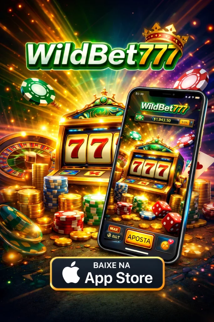 “Aplicativo WildBet777 Casino para iOS exibido em um smartphone com jogo de slot 777, fichas de cassino e interface móvel”