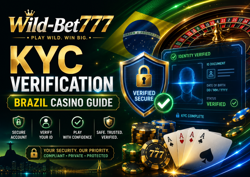 Banner do artigo KYC Verification Brazil Casino Guide para Wild-Bet777 com elementos de cassino, escudo de segurança, verificação de identidade e destaque para o Brasil