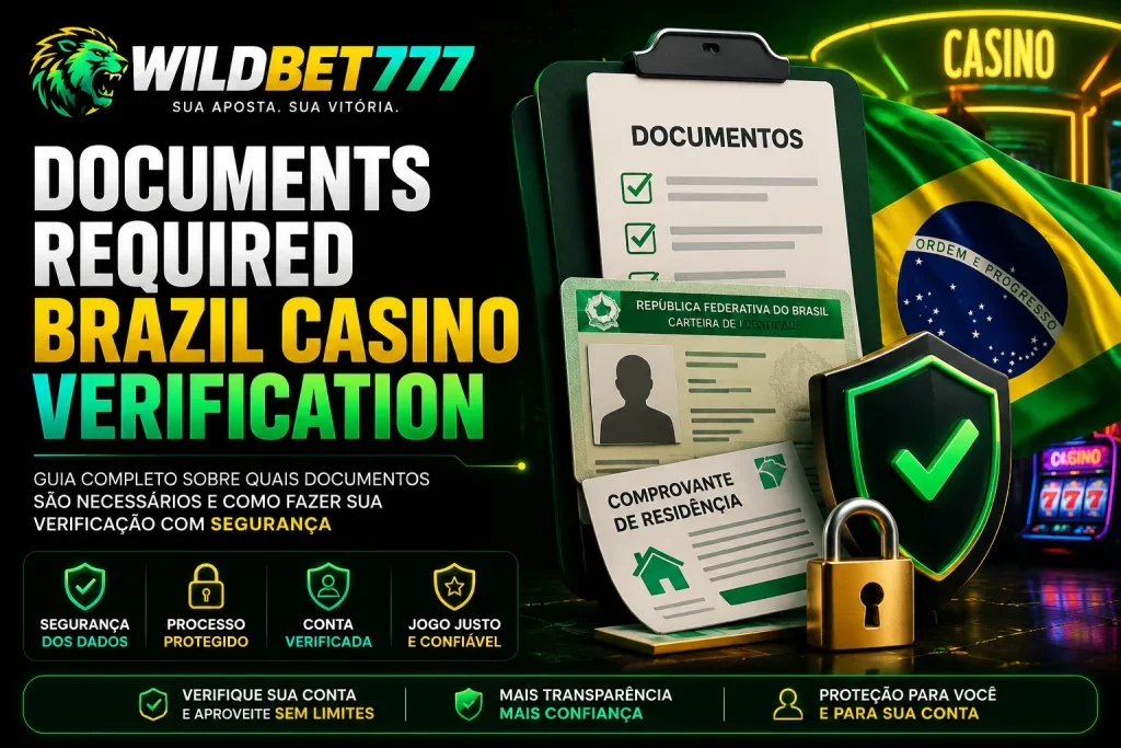 Banner WildBet777 sobre Documents Required Brazil Casino Verification com documentos, escudo de segurança e bandeira do Brasil.